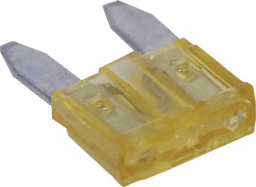 Yellow. 20A.
Mini blade fuses as used in many modern automobiles.
Available in ratings from 3A to 30A.