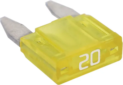 Yellow. 20A.
Mini blade fuses as used in many modern automobiles.
Available in ratings from 3A to 30A.