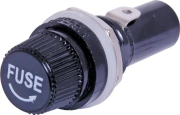 M205 10A Chassis Mount Fuse Holder Panel Mount. 10 amps at 250V AC. Cap retains fuse when removed.