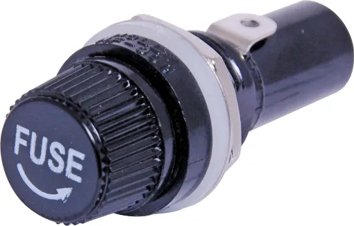 Panel Mount. 10 amps at 250V AC. Cap retains fuse when removed.