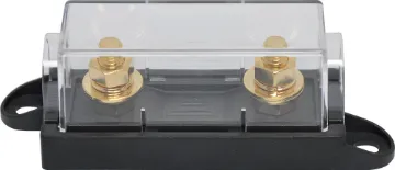 Mega Type Chassis Mount Fuse Block This high current fuse block uses MEGA type fuses. Suits M8 ring terminals. 250A max. Gold plated connections. Size: 129Wx44Hx37Wmm.
Fuse not included.