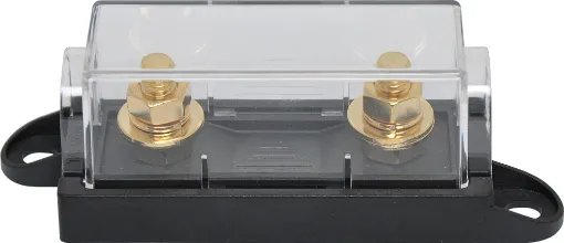 This high current fuse block uses MEGA type fuses. Suits M8 ring terminals. 250A max. Gold plated connections. Size: 129Wx44Hx37Wmm.
Fuse not included.