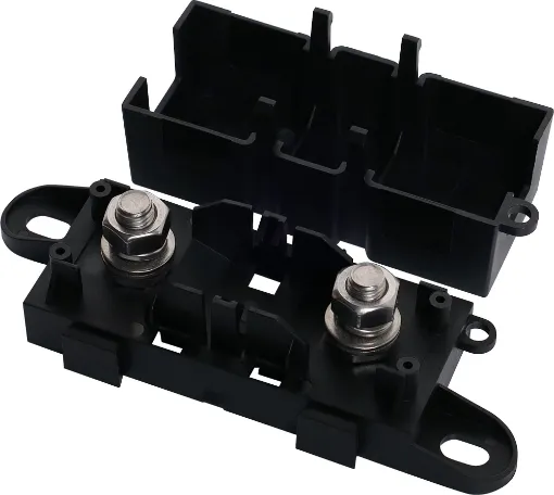 This high current fuse block uses MEGA type fuses. 
Suits M8 ring terminals. 
300A max. 
Nickel plated connections. 
Size: 130L x 44H x 36W mm.