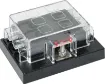 This high current fuse block uses standard automotive type blade fuses. It features a single screw terminal 150A input and 6 x spade terminal 25A outputs. 150A total (25A per fuse) Max.  Max Voltage 32VDC. Tin plated copper connections.  Size: 93Wx40Hx67mm