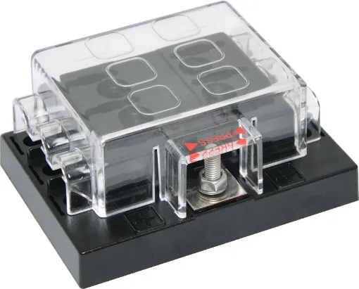 This high current fuse block uses standard automotive type blade fuses. It features a single screw terminal 150A input and 6 x spade terminal 25A outputs. 150A total (25A per fuse) Max.  Max Voltage 32VDC. Tin plated copper connections.  Size: 93Wx40Hx67mm
