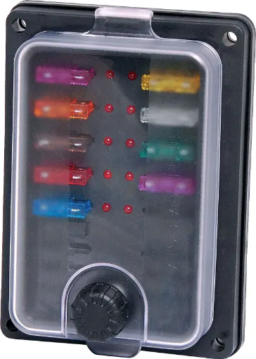 This panel mount automotive blade fuse block uses standard automotive type blade fuses (18.7 x 19.1mm in size with 5mm blades).  Fitted with weatherproof cover & LED indicator for each circuit.  Base is fitted with 6.4mm spade terminals & rubber gasket to prevent water ingress. Max 25A @ 32VDC per circuit. 
