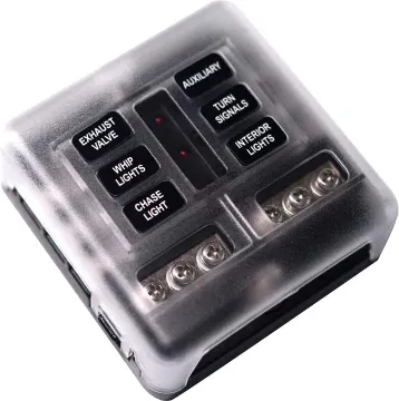 Blade Fuse Panel 6 Way With LED Uses standard automotive type blade fuses. Dedicated earth terminals for each circuit, plus 100A rated M8 negative & positive terminals. Size: 88W x 88D x 36Hmm