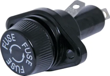 5AG 30A Chassis Mount Fuse Holder Panel mount. Mounting hole  22mm. Bolt hole centres 34 mm. Rated to 30 amps at 250V AC. Uses 10mm x 37mm 5AG fuses.
UL Approved.