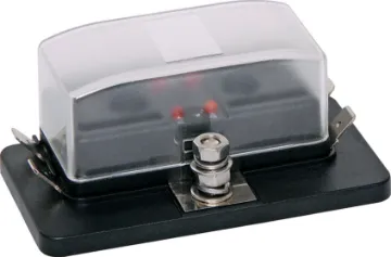 4 Way Automotive Blade Fuse Block Panel With LEDs This panel / chassis mount fuse holder uses standard automotive blade fuses (18.7 x 19.1mm in size with 5mm blades). 150A screw terminal input and 6.3mm spade outputs (25A per circuit max). 32V DC max. Not suitable for use with S 5540 series resettable breakers. 
Size: 47W x 86L x 36Hmm