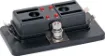 This panel / chassis mount fuse holder uses standard automotive blade fuses (18.7 x 19.1mm in size with 5mm blades). 150A screw terminal input and 6.3mm spade outputs (25A per circuit max). 32V DC max. Not suitable for use with S 5540 series resettable breakers. 

Size: 47W x 86L x 36Hmm