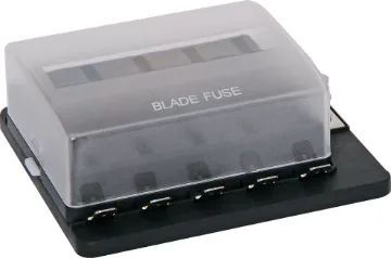Blade Fuse Block Panel With LED 10 Fuse These holders use standard automotive blade fuses.
150A screw terminal input and 6.3mm spade outputs
(25A per circuit max). 32V DC max. Not suitable for
use with S 5540 series resettable breakers.
S 6032 size: 47W x 86L x 36Hmm
S 6034 size: 95W x 86L x 36Hmm.