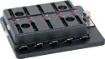 These holders use standard automotive blade fuses.
150A screw terminal input and 6.3mm spade outputs
(25A per circuit max). 32V DC max. Not suitable for
use with S 5540 series resettable breakers.
S 6032 size: 47W x 86L x 36Hmm
S 6034 size: 95W x 86L x 36Hmm.