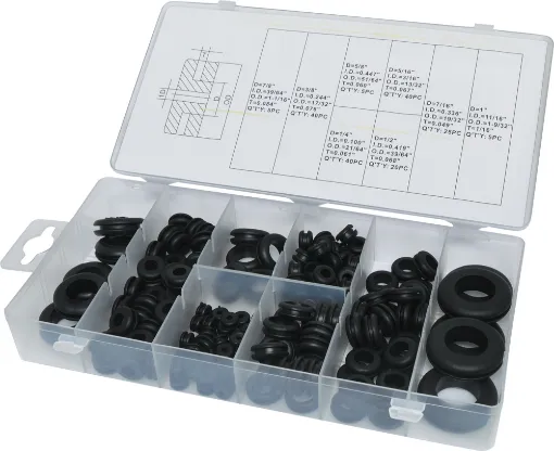 Contains 8 popular sizes of rubber grommets for protecting wiring, sealing out moisture and dust. 