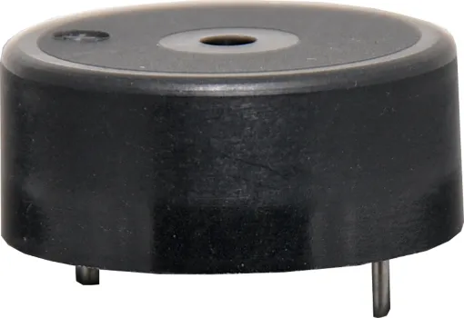 A PCB mount piezo buzzer with 85dB output at 30cm. 15mm pin spacing. 23mm housing diameter, 10mm high.