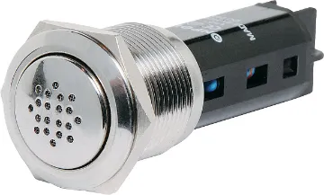 12V Vandal Resistant Piezo Buzzer SPL output: 80dB @ 30cm
Voltage (DC): 12V
Operating temp.: -20 to 55°C
Sealing: IP50
Connection: Screw terminals
Mounting hole: 19mm Ø
Panel thickness: 1-10mm