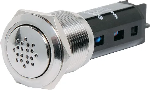 SPL output: 80dB @ 30cm
Voltage (DC): 12V
Operating temp.: -20 to 55&degC
Sealing: IP50
Connection: Screw terminals
Mounting hole: 19mm &Oslash
Panel thickness: 1-10mm