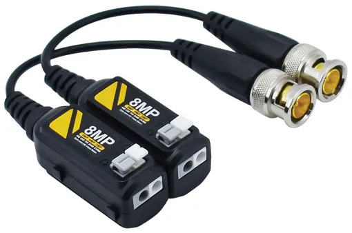 Allows the transmission of a signal from a camera for up to 400m over standard Cat 5e UTP cable. No power required. Video transmission suitable for use with cameras up to 8MP resolution. Sold in a pair.