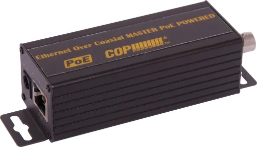 These PoE transceiver units allow ethernet and power to be sent along coaxial cabling.
