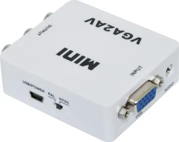 VGA To Composite Video Converter Downscales a VGA signal to a composite video signal for connecting the VGA output of a DVR to a standard monitor input.  Supports resolutions up to 1920 x 1024 @ 60Hz.  No software required. NTSC or PAL switchable.  USB powered.