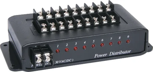 Distributes a single power input to nine outputs. With in-built PTC fuses on each output for short circuit protection.