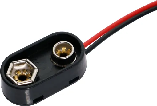 Battery snap clip to suit 9V batteries. These can also be used to connect to some of our battery holders which include an integral battery snap.