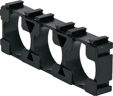 Triple 18650 Interlocking Rectangle Battery Holder Triple 18650 lithium battery holder in a rectangular configuration. Ideal for installation in high power, portable devices. Interlocking design allows for 9 way, 15 way and even larger packs to be configured. 1 piece required for each end of battery pack.