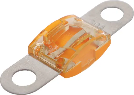 30A orange bolt on MIDI type fuse. High temperature plastic body. 32V DC max. 41 x 12mm. 