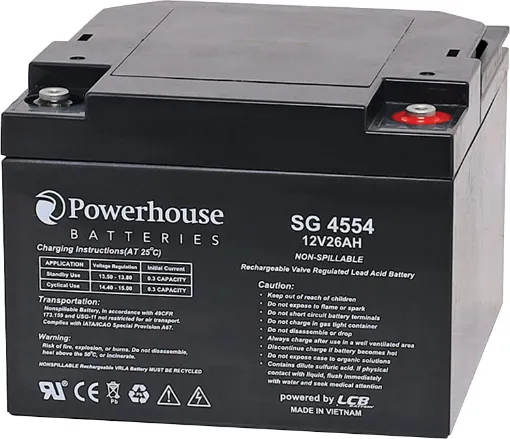 This 12V 26Ah deep cycle battery is a compact battery for powering 12V equipment. Deep cycle sealed lead acid (SLA) batteries are designed for regular discharge. 