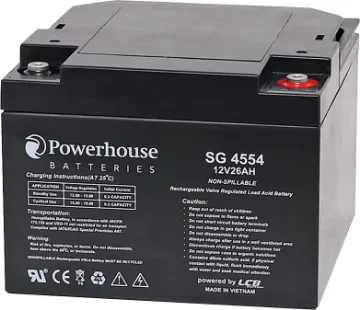 12V 26Ah Deep Cycle UGel Type (SLA) Battery M5/F12 Deep cycle batteries are designed for regular discharge. These are suitable for every day use in golf buggies, wheelchairs, forklifts and remote power applications.