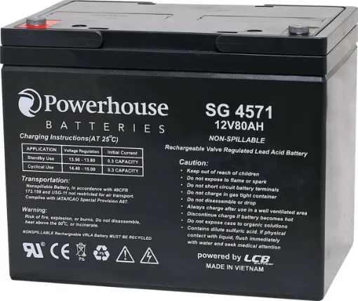 This 12V 80Ah deep cycle battery is a compact battery for powering 12V equipment. Deep cycle sealed lead acid (SLA) batteries are designed for regular discharge. 