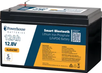 12V 12Ah Lithium LiFePO4 Battery 4.8mm/F1 With Bluetooth The same great Powerhouse LiFePo4 performance now with added in-built Bluetooth battery monitoring. Pair your battery with your phone and stay up to date with how your battery is charging and discharging as you use it.