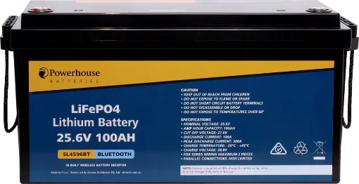 This 25.6V 100Ah lithium battery (LiFePO4 chemistry) is compatible in size with traditional 24V SLA batteries, but with all the benefits of cutting edge lithium technology. With Bluetooth monitoring in-built. 