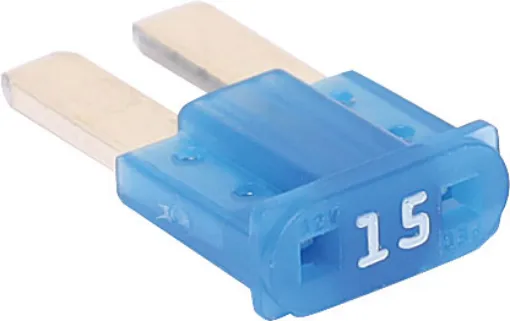 Blue 15A standard automotive micro2 blade fuse.