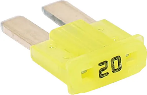Yellow 20A standard automotive micro2 blade fuse.