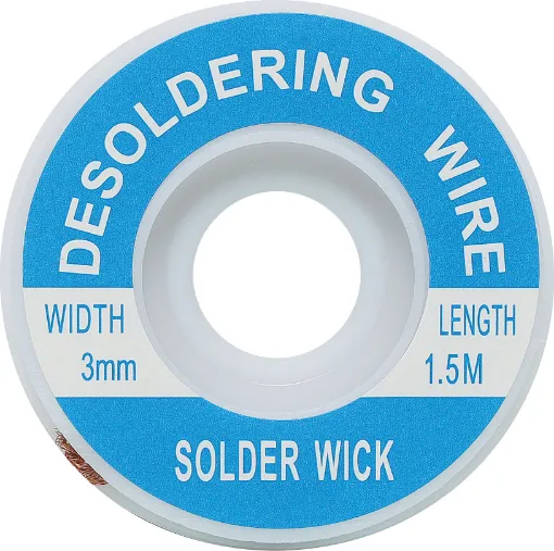 Apply wick to the joint & heat with a soldering iron, capillary action then draws the solder off. 1.5m length.