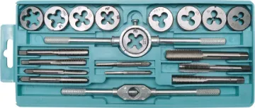 M3-M12 Tap and Die Set 20pc A precision machined tap and die set for creating metric thread holes and bolts. Apart from being used to form new threads, taps and dies are very handy for restoring or cleaning existing threads. This set is sized for electronics use with taps and dies for M3, M4, M5, M6, M7, M8, M9, M10 and M12.  Includes die stock & tap wrench.