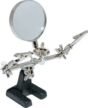 PCB Holder Solder Stand And Magnifier Complete with dual clamps to hold PCBs, wire etc in place.