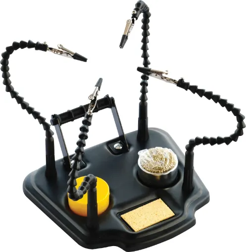This handy bench top helper features 4 flexible arms for keeping items in position when working on them, making it ideal for soldering cables, PCBs and a range of hobbyist uses. Sturdy metal base.