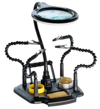 Flexible Helping Hands With LED Magnifier This handy bench top helper features an LED magnifying lamp, plus 4 flexible arms for keeping items in position when working on them, making it ideal for soldering cables, PCBs and a range of hobbyist uses.