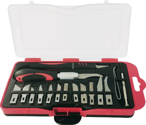 Includes aluminium handle with 13 blades to suit different cutting jobs. Includes plastic carry case.