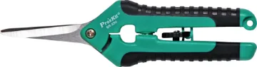 Stainless Steel Multi-Purpose Snips Proskit SR-330 snips are super sharp stainless steel scissors suitable for cutting cloth, carpet, linoleum, leather, cardboard, tin plate, foam rubber, ribbon cable etc. 
Includes safety latch. Length 160mm.
