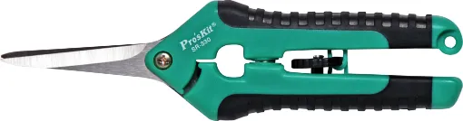 Proskit SR-330 snips are super sharp stainless steel scissors suitable for cutting cloth, carpet, linoleum, leather, cardboard, tin plate, foam rubber, ribbon cable etc. 

Includes safety latch. Length 160mm.