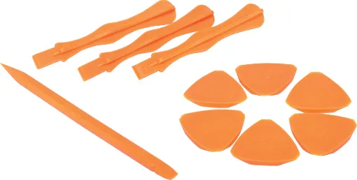 Anti-static fibre plastic prying tools set for servicing and repair of modern high tech devices. Includes double edged stick, 6 “pick” style openers and 3 stick spudgers for prying open tight fit screens and cases. 
