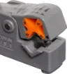 Tough injection moulded thermoplastic. Features a built-in tension spring, centre conductor cutter, and a slide adjustment to change from RG-58, RG-59, or RG-6.