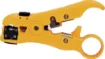 Strips computer cable, speaker wire, hookup wire, coaxial cable and flat (modular) telephone cable. Removes outer sheath from coax without damage to braiding, when properly adjusted. Adjustable stripping depth and built-in cutters.