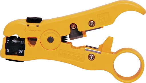 Strips computer cable, speaker wire, hookup wire, coaxial cable and flat (modular) telephone cable. Removes outer sheath from coax without damage to braiding, when properly adjusted. Adjustable stripping depth and built-in cutters.