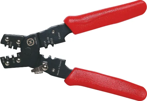 Crimps header pins, telephone terminals and small non-insulated quick connectors. Also incorporates wire cutters and spring loaded handles. 