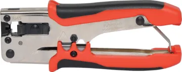 Deluxe Ratchet Modular Crimper Crimps 4, 6 and 8 way modular connectors. All metal construction - built to last. Also features cable stripper and cutter. Adjustable ratchet release.