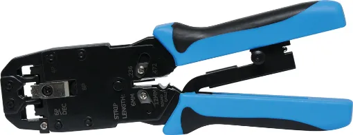 This heavy duty ratchet all metal deluxe tool will crimp all size modular plugs from 4 to 8 way. Also has inbuilt cutters and wire stripper with stops for correct stripping length.