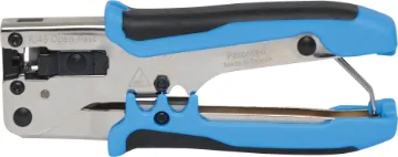 Economy Through Wire Modular Crimper Compact pocket size design suitable for use with solid core “through wire” or open-pass modular crimp plugs. Crimps and trims ends in one motion. All steel design with comfortable rubberised grips.